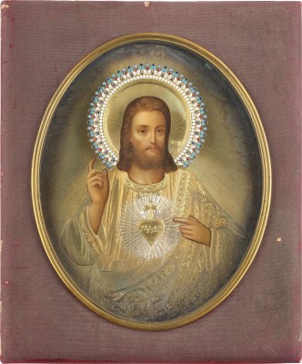 Picture SEHR FEINE UND SELTENE IKONE MIT CHRISTUS MIT VERMEIL- UND CLOISONNÉ-EMAIL-OKLAD IM ORIGINAL-ETUI