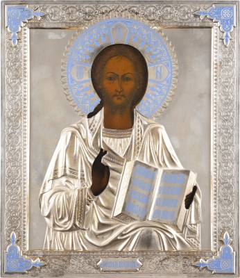 Auction 151<br>IKONE MIT CHRISTUS PANTOKRATOR MIT SILBER-CHAMPLEVÉ-EMAIL-OKLAD