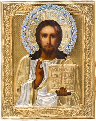 Bild KLEINE IKONE MIT CHRISTUS PANTOKRATOR MIT CLOISONNÉ-EMAIL-OKLAD