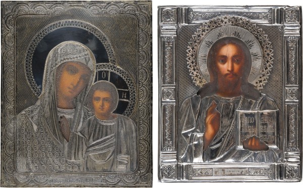 Auction 151<br>ZWEI KLEINE IKONEN MIT SILBER-OKLAD: CHRISTUS PANTOKRATOR UND GOTTESMUTTER VON KASAN (KASANSKAJA)