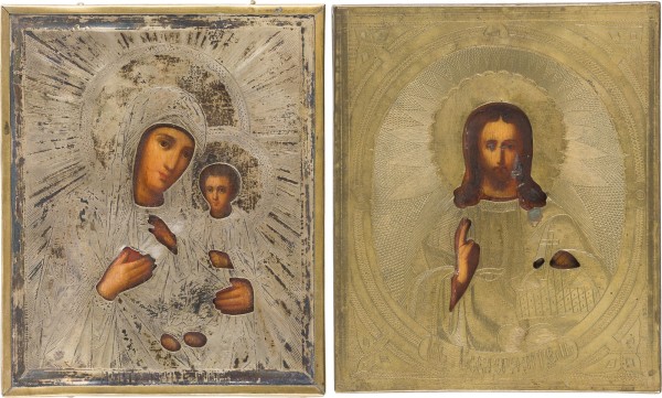 Auction 151<br>ZWEI KLEINE IKONEN MIT OKLAD: CHRISTUS DER WELTENHERRSCHER UND GOTTESMUTTER 'IWERSKAJA'