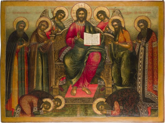 Auktion 151<br>MONUMENTALE UND SEHR FEINE IKONE MIT ERWEITERTER DEESIS AUS EINER KIRCHEN-IKONOSTASE