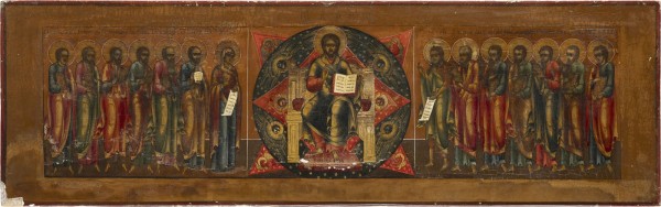 Picture GROSSFORMATIGE IKONE MIT DEM THRONENDEN CHRISTUS INMITTEN DER ENGELSMÄCHTE FLANKIERT VON DER GOTTESMUTTER, JOHANNES DEM VORLÄUFER UND HEILIGEN