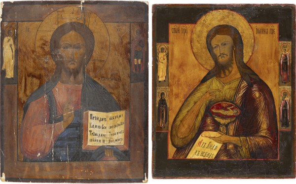 Auktion 151<br>ZWEI GROSSFORMATIGE IKONEN: CHRISTUS PANTOKRATOR UND JOHANNES DER VORLÄUFER AUS EINER DEESIS
