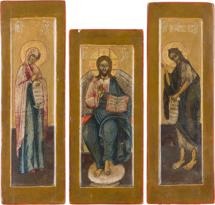 Auktion 151<br>DREITEILIGE DEESIS: THRONENDER CHRISTUS FLANKIERT VON DER GOTTESMUTTER UND JOHANNES DEM VORLÄUFER