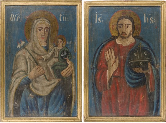 Auktion 151<br>PAAR MONUMENTALE IKONEN MIT DER GOTTESMUTTER UND CHRISTUS PANTOKRATOR AUS EINER KIRCHEN-IKONOSTASE