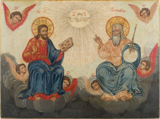 Auktion 151<br>GROSSFORMATIGE IKONE MIT DER NEUTESTAMENTLICHEN DREIFALTIGKEIT AUS EINER KIRCHEN-IKONOSTASE