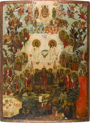 Auktion 151<br>MONUMENTALE, SELTENE UND SEHR FEINE IKONE MIT DER NEUTESTAMENTLICHEN DREIFALTIGKEIT UND DEN ERZENGELN