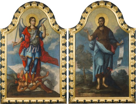 Auction 151<br>MONUMENTALES PAAR IKONEN AUS EINER KIRCHEN-IKONOSTASE: JOHANNES DER VORLÄUFER UND ERZENGEL MICHAEL ARCHISTRATEGOS