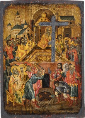 Auction 151<br>SEHR SELTENE UND GROSSE IKONE MIT DER PROZESSION DES VEREHRUNGSWÜRDIGEN HOLZES DES KREUZES DES HERRN