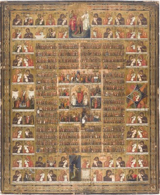 Picture GROSSFORMATIGE IKONE MIT DER AUFERSTEHUNG CHRISTI, DEM PASSIONSZYKLUS, DEN 12 MONATEN UND 68 GNADENBILDERN DER GOTTESMUTTER