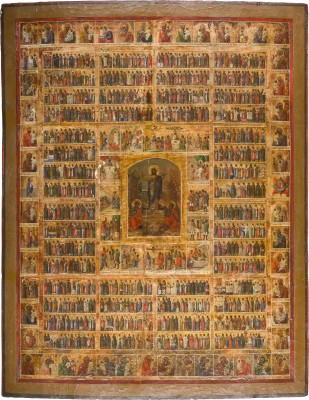 Auction 151<br>MONUMENTALE IKONE MIT DER AUFERSTEHUNG CHRISTI, DEM PASSIONSZYKLUS, DEN MONATEN UND 52 GNADENBILDERN DER GOTTESMUTTER