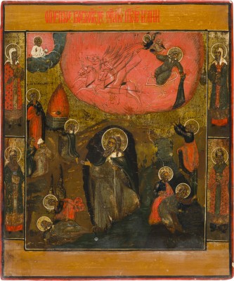 Bild IKONE MIT DEM PROPHETEN ELIAS, SEINEM LEBEN IN DER WÜSTE UND SEINER FEURIGEN HIMMELFAHRT