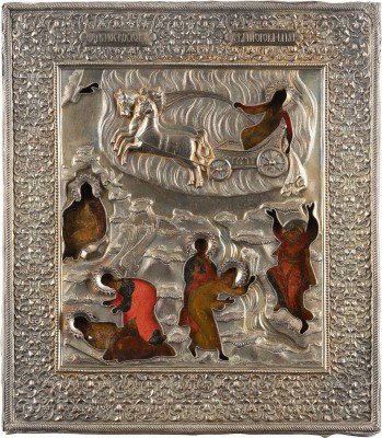 Auktion 151<br>FEINE IKONE MIT DEM PROPHETEN ELIAS, SEINEM LEBEN IN DER WÜSTE UND SEINER FEURIGEN HIMMELFAHRT MIT VERMEIL-RIZA