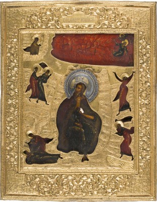 Bild FEINE IKONE MIT DEM PROPHETEN ELIAS, SEINEM LEBEN IN DER WÜSTE UND SEINER FEURIGEN HIMMELFAHRT MIT RIZA