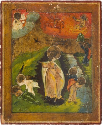Bild KLEINE IKONE MIT DEM PROPHETEN ELIAS, SEINEM LEBEN IN DER WÜSTE UND SEINER FEURIGEN HIMMELFAHRT