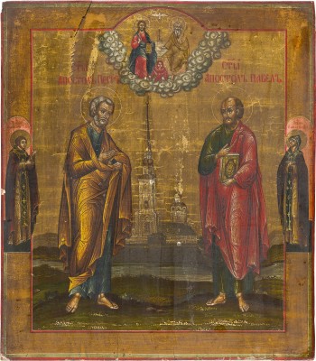 Bild FEINE IKONE MIT DEN APOSTELN PETRUS UND PAULUS UND DER NEUTESTAMENTLICHEN DREIFALTIGKEIT