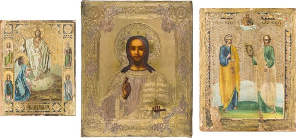 Auction 151<br>DREI KLEINE IKONEN: AUFERSTEHUNG, DIE APOSTEL PETRUS UND PAULUS UND CHRISTUS PANTOKRATOR MIT OKLAD