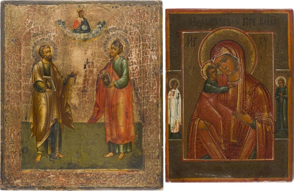 Auktion 151<br>ZWEI IKONEN: KLEINE IKONE MIT DER GOTTESMUTTER FEODOROWSKAJA UND DEN APOSTELN PETRUS UND PAULUS