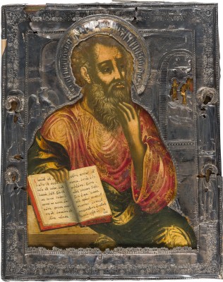 Auktion 151<br>MUSEALE UND GROSSFORMATIGE IKONE MIT DEM HEILIGEN JOHANNES, THEOLOGE IM SCHWEIGEN MIT SILBER-RIZA
