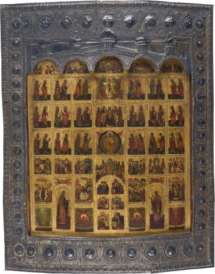 Auction 151<br>GROSSFORMATIGE IKONE MIT DER WIEDERGABE EINER KIRCHEN-IKONOSTASE MIT SILBER-BASMA