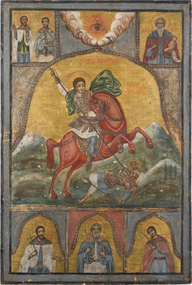 Auction 151<br>GROSSFORMATIGE IKONE MIT DEM REITERHEILIGEN DEMETRIUS UND AUSGEWÄHLTEN HEILIGEN