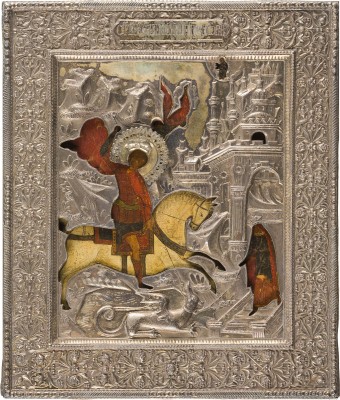 Auction 151<br>IKONE MIT DEM HEILIGEN GEORG DEM DRACHENTÖTER MIT VERMEIL-RIZA