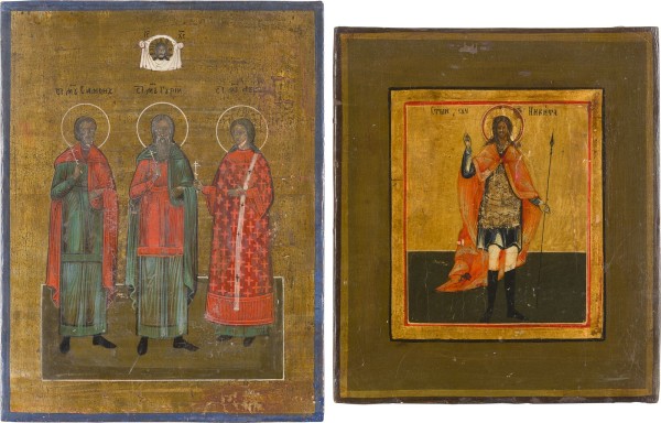 Auction 151<br>ZWEI KLEINE IKONEN MIT DEM KRIEGERHEILIGEN NIKITA UND DEN HOCHZEITSVERMITTLERN SAMON, GURIJ UND AVIV