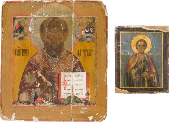 Auktion 151<br>ZWEI IKONEN: DATIERTE IKONE MIT DEM HEILIGEN PANTELEIMON UND HEILIGER NIKOLAUS VON MYRA