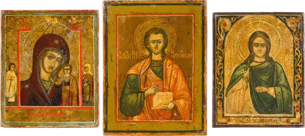 Auction 151<br>DREI MINIATUR-IKONEN MIT DER GOTTESMUTTER VON KASAN, DEM HEILIGEN PANTELEIMON UND EINER MÄRTYRERIN