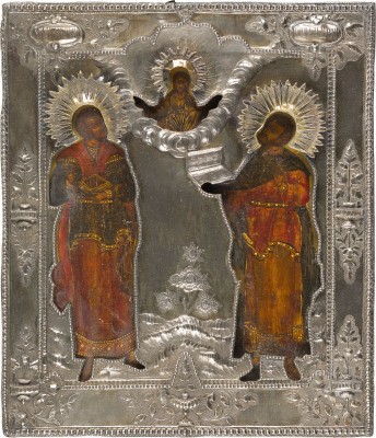 Auktion 151<br>IKONE MIT DEN HEILIGEN KOSMAS UND DAMIAN MIT SILBER-RIZA