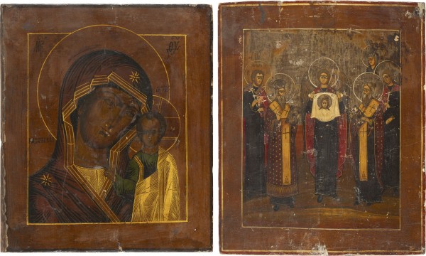 Auction 151<br>ZWEI IKONEN: GOTTESMUTTER VON KASAN (KASANSKAJA) UND PATRONATSIKONE MIT DEM ERZENGEL MICHAEL UND HEILIGEN