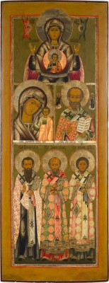 Auction 151<br>MONUMENTALE MEHRFELDER-IKONE MIT GNADENBILDERN DER GOTTESMUTTER, DEM HEILIGEN NIKOLAUS VON MYRA UND DEN DREI KIRCHENVÄTERN
