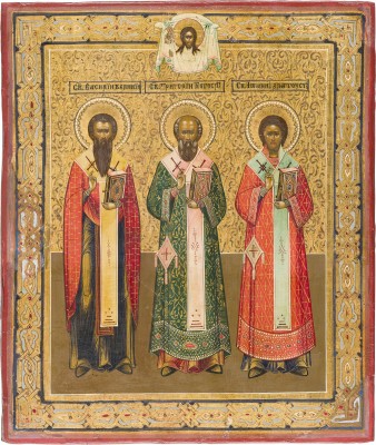 Auction 151<br>DATIERTE IKONE MIT DEN DREI HIERARCHEN BASILIUS DEM GROSSEN, GREGOR DEM THEOLOGEN UND JOHANNES CHRYSOSTOMUS