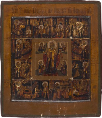 Auktion 151<br>VITA-IKONE MIT DEM HEILIGEN NIKOLAUS VON MYRA FLANKIERT VON DEN APOSTELN PETRUS UND PAULUS