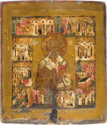 Auktion 151<br>GROSSFORMATIGE VITA-IKONE MIT DEM HEILIGEN NIKOLAUS VON MYRA MIT ZWÖLF SZENEN SEINES LEBENS