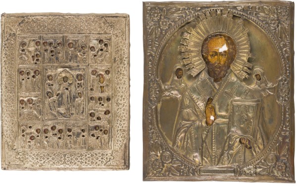 Auktion 151<br>ZWEI IKONEN MIT OKLAD: FESTTAGSIKONE UND HEILIGER NIKOLAUS VON MYRA