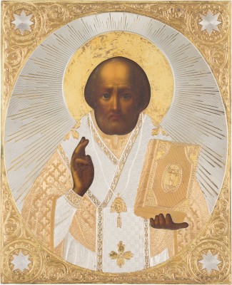 Auction 151<br>KLEINE IKONE MIT DEM HEILIGEN NIKOLAUS VON MYRA MIT SILBER-OKLAD