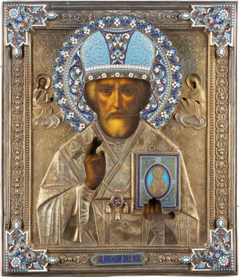 Auction 151<br>IKONE MIT DEM HEILIGEN NIKOLAUS VON MYRA MIT CLOISONNÉ-EMAIL-OKLAD