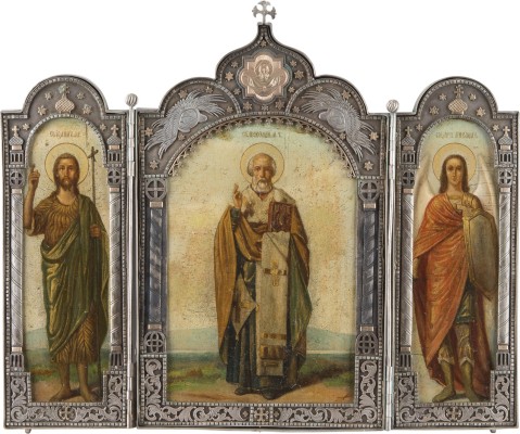 Bild GROSSES TRIPTYCHON MIT DEM HEILIGEN NIKOLAUS VON MYRA, JOHANNES DEM VORLÄUFER UND DEM ERZENGEL MICHAEL