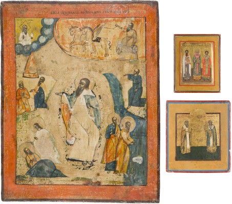 Auction 151<br>DREI IKONEN MIT HEILIGEN: PROPHET ELIAS, BLASIUS UND MEDOST UND DIE DREI HIERARCHEN