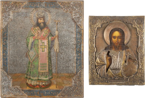 Auktion 151<br>ZWEI IKONEN: CHRISTUS PANTOKRATOR MIT OKLAD UND HEILIGER FEODOSIJ VON UGLTISCH