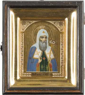 Auktion 151<br>KLEINE IKONE MIT DEM HEILIGEN HERMOGEN, PATRIARCH VON MOSKAU IM KIOT