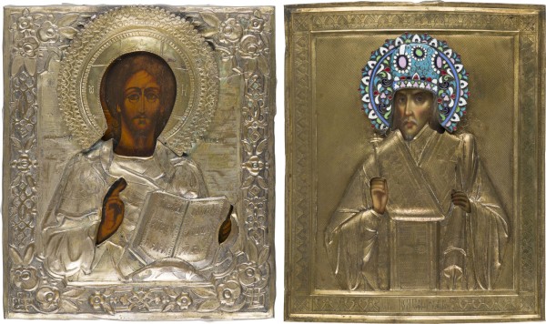 Auction 151<br>ZWEI IKONEN MIT OKLAD: HEILIGE JOASAPH, BISCHOF VON BELGOROD UND CHRISTUS PANTOKRATOR
