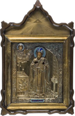 Auktion 151<br>FEINE IKONE MIT DEM HEILIGENGREGOR VON NAZIAN MIT CHAMPLEVÉ-EMAIL-OKLAD IM KIOT