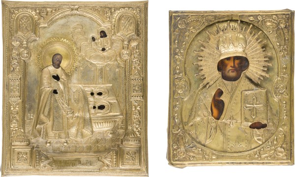 Auction 151<br>ZWEI KLEINE IKONEN MIT OKLAD: HEILIGER NIKOLAUS VON MYRA UND SERGEJ VON RADONESCH AM GRAB SEINER ELTERN