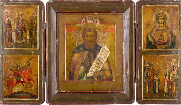 Auction 151<br>GROSSES TRIPTYCHON MIT DEM HEILIGEN SERGEJ VON RADONESCH FLANKIERT VON GNADENBILDERN DER GOTTESMUTTER UND HEILIGEN