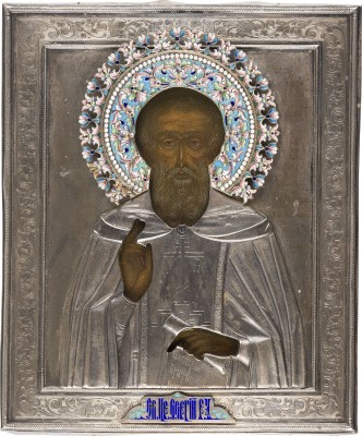 Picture IKONE MIT DEM HEILIGEN SERGEJ VON RADONESCH MIT CLOISONNÉ-EMAIL-OKLAD