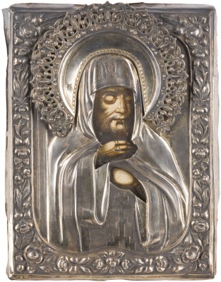 Auction 151<br>KLEINE IKONE MIT DEM HEILIGEN FEODOSIJ VON TOTMA MIT SILBER-OKLAD