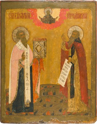 Auktion 151<br>MONUMENTALE IKONE MIT DEN HEILIGEN ANTIPAS UND MAKARIJ VON ZELTYE VODY UND DER UNZA AUS EINER KIRCHEN-IKONOSTASE